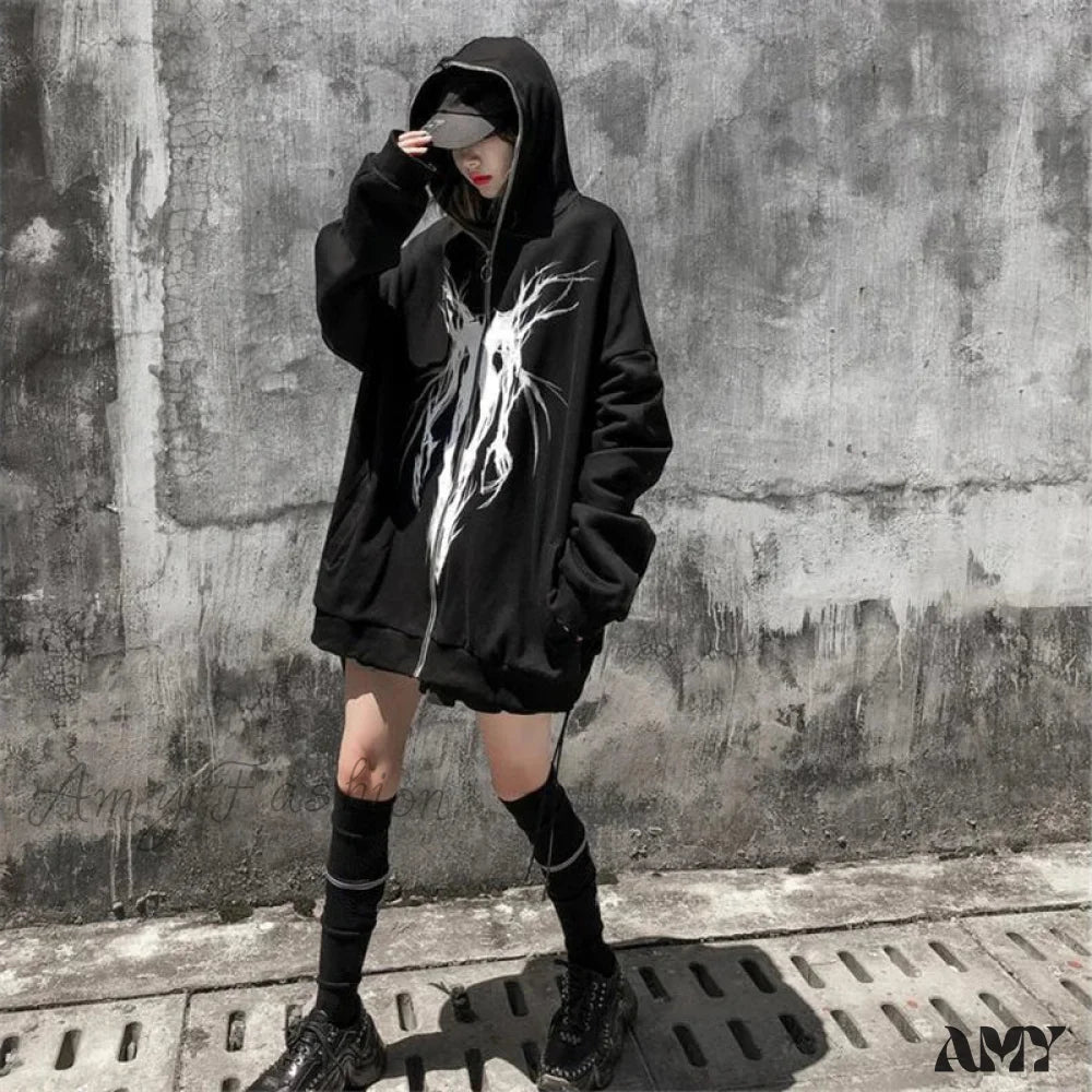 Harajuku Cartoon Gothic Vintage Kawaii Plus Size Zipper Hoodie