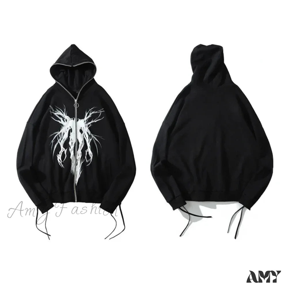 Harajuku Cartoon Gothic Vintage Kawaii Plus Size Zipper Hoodie Black / Asian M