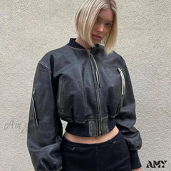 High Street Pu Leather Cropped Fashion Short Bomber Long Sleeve Zip Closure Jacket Black / S