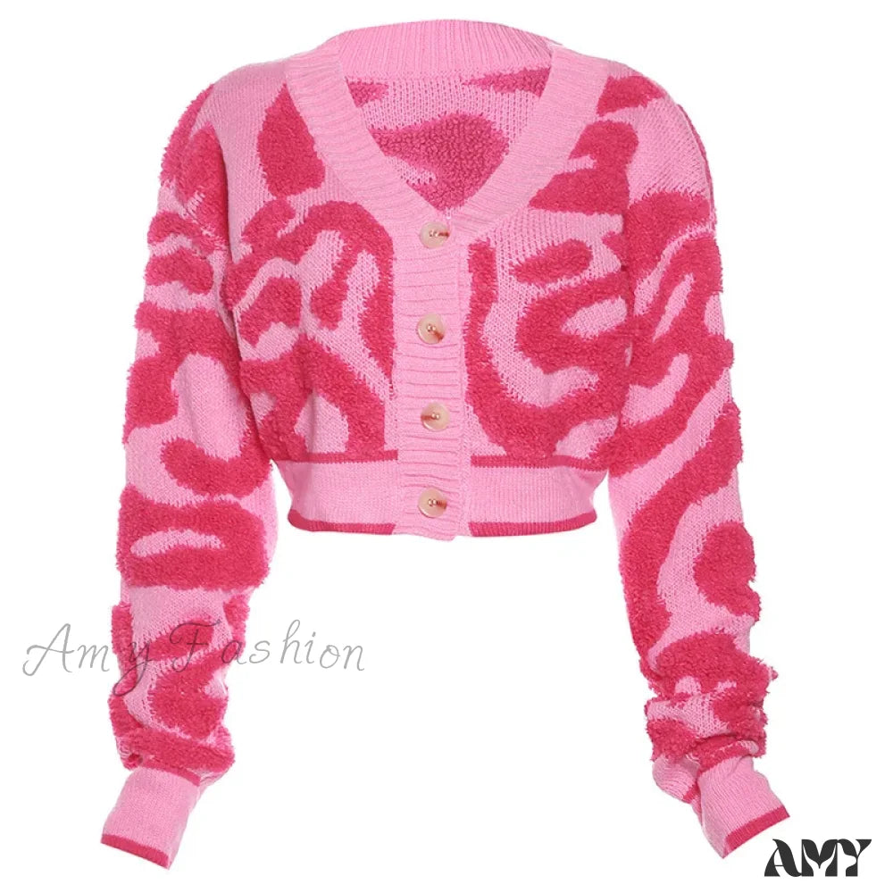 Knitted Color Patchwork Slim Short V Neck Long Sleeve Single Breasted Pink Casual Sweater / S