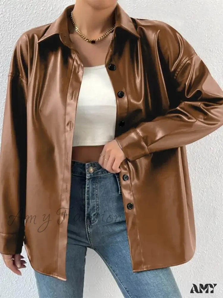Leather Autumn Thin Bomber Vintage Long Sleeve Buttons Lapel Casual Solid Work Jacket Brown / S