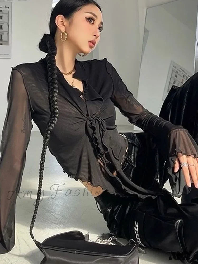 Long Flare Sleeve Lace-Up Mesh Sexy Sweet Elegant Casual Blouse
