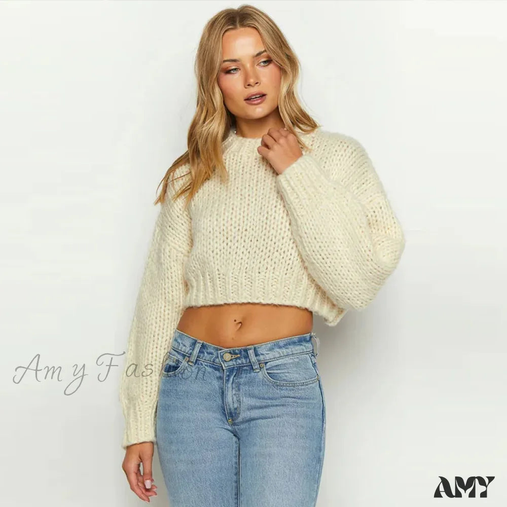 Loose Stripe Knitted Women Long Sleeve Oversize Short Hollow Out Sweater White / S