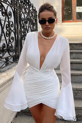 Luxury Bell Sleeve V-Neck Bodycon Party Dress White / S