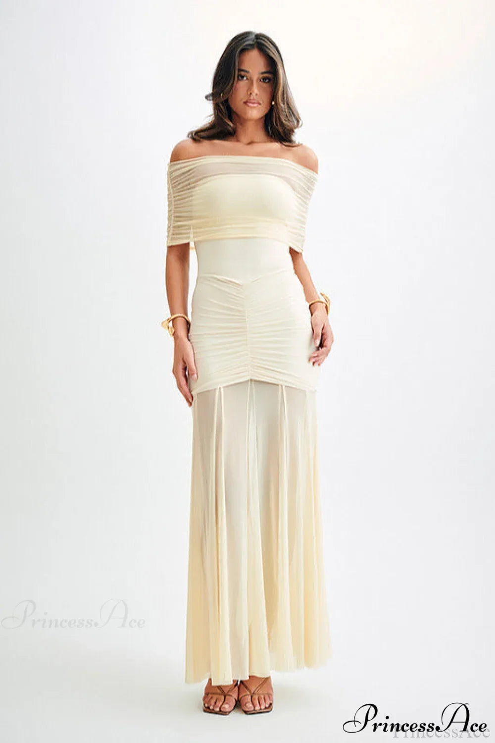 Mesh Panel Strapless Elegant Bodycon Party Dress Off-White / XS