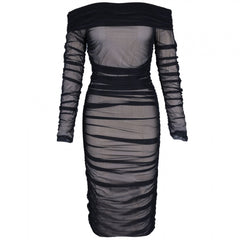 Schulterfreies, langärmeliges, gerafftes Mini-Bodycon-Kleid FSP19054