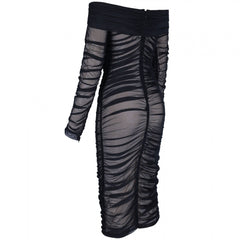 Schulterfreies, langärmeliges, gerafftes Mini-Bodycon-Kleid FSP19054