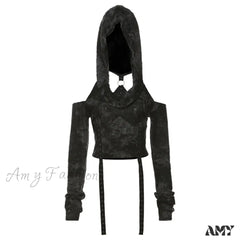 Patchwork Retro Trendy Cool Personalized High Street Youth Sexy Hooded Crop Top Black / S