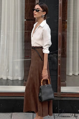 Retro Brown Suede High Waist Maxi Skirt