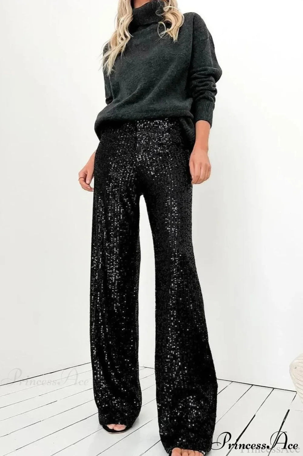 Sequin Slim-Fit Straight Casual Pants Black / S