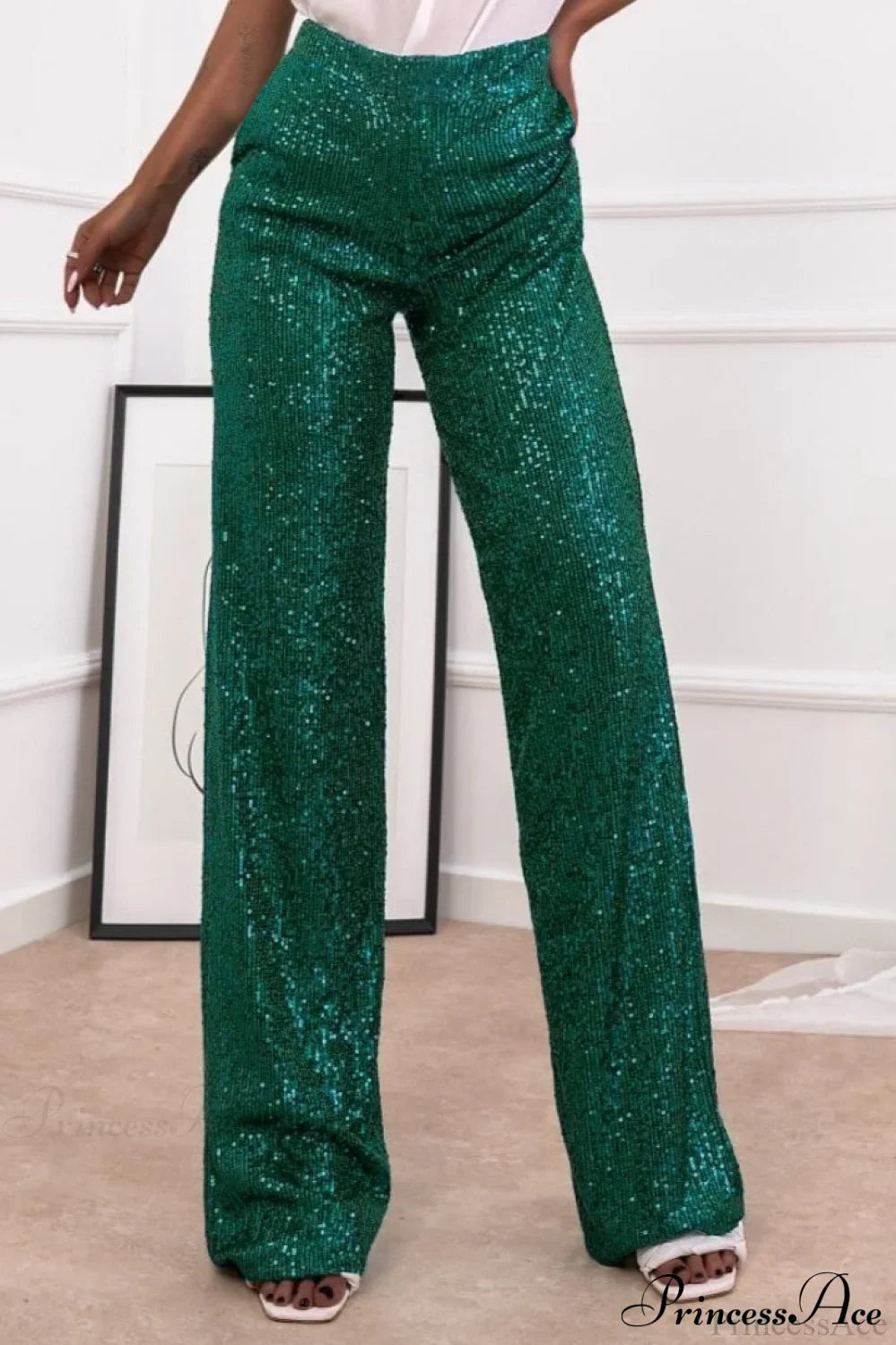 Sequin Slim-Fit Straight Casual Pants Green / S