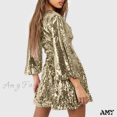 Sequin V Neck Gold Party Evening Long Ball Sexy Gown Women Prom Bridesmaid Elegant High Waist Dress