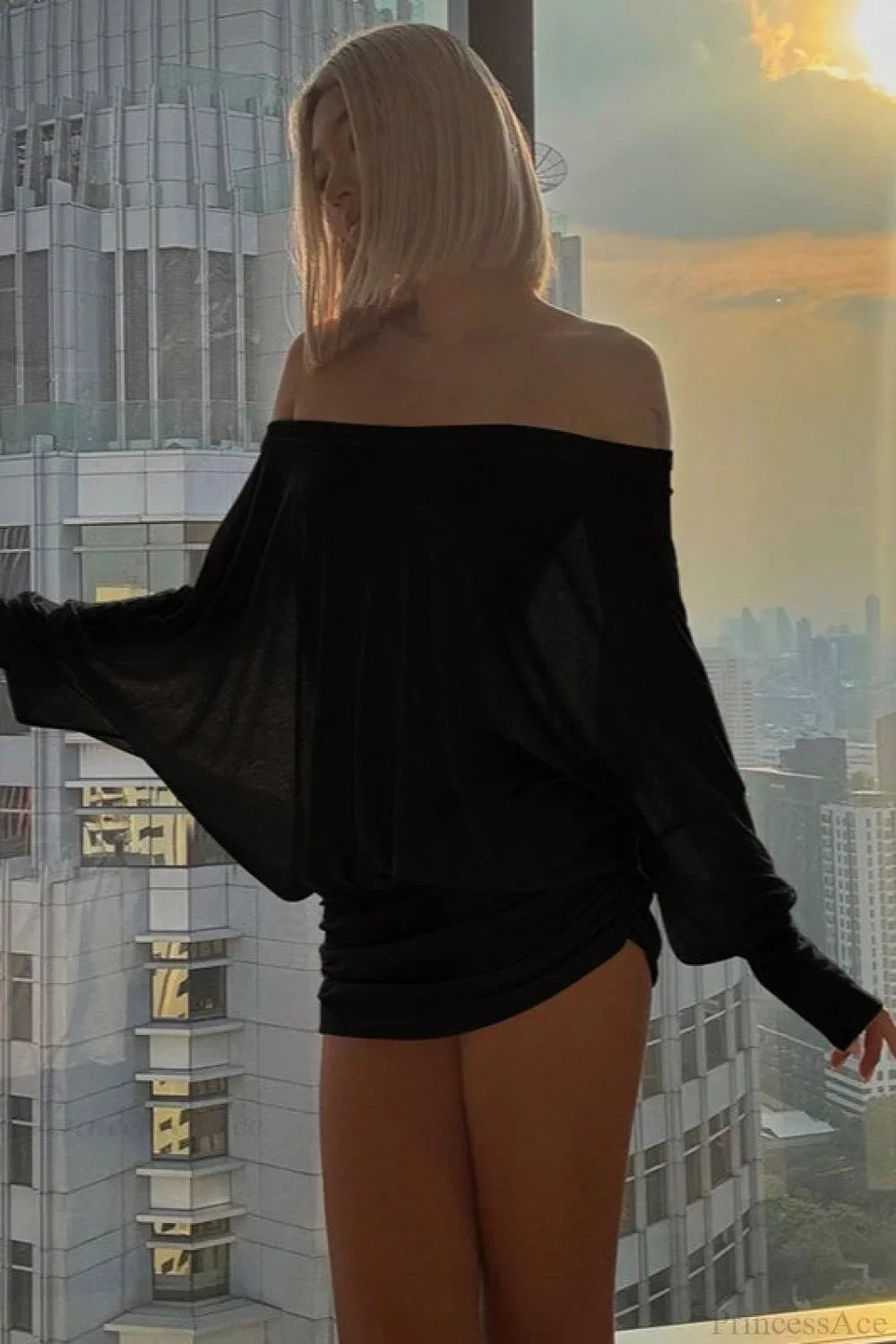 Sexy Solid Color Batwing Off-the-Shoulder Long Sleeve Blouse