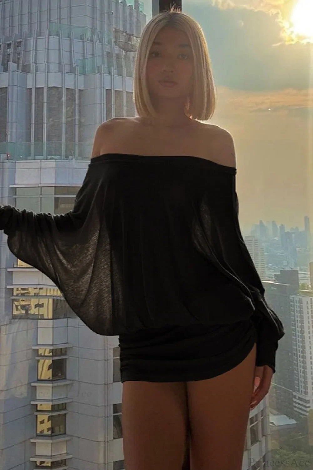 Sexy Solid Color Batwing Off-the-Shoulder Long Sleeve Blouse Black / S