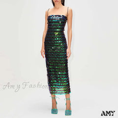 Sexy Suspender Slim Sequin Sleeveless Sling Cocktail Evening Gown Chic Lady Elegant Sequins