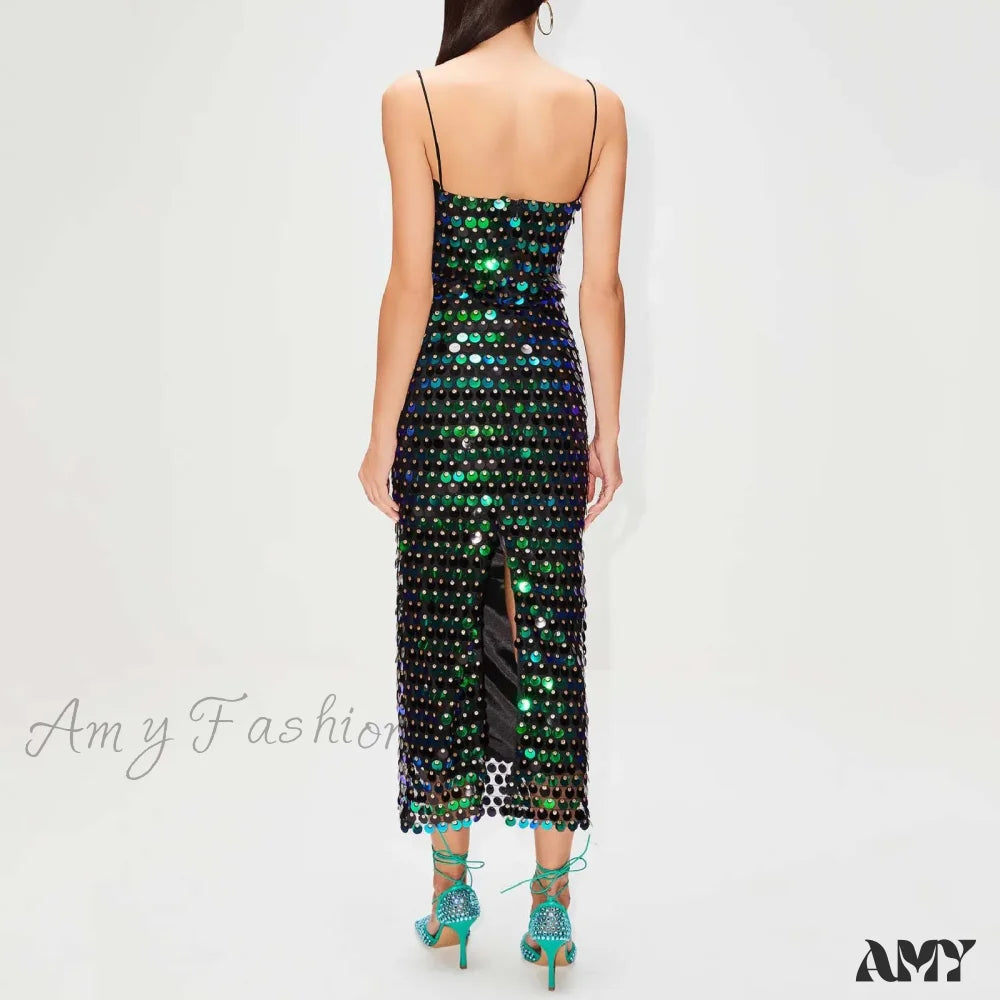 Sexy Suspender Slim Sequin Sleeveless Sling Cocktail Evening Gown Chic Lady Elegant Sequins