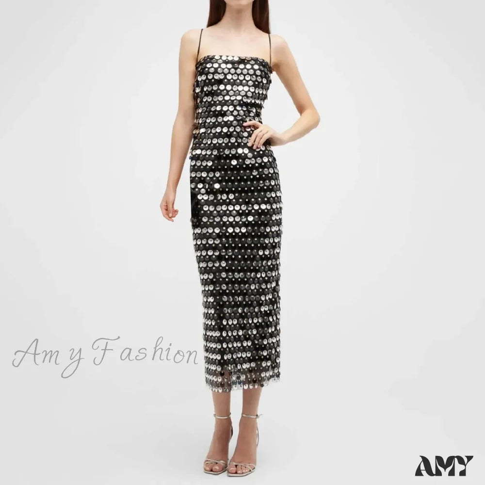 Sexy Suspender Slim Sequin Sleeveless Sling Cocktail Evening Gown Chic Lady Elegant Sequins