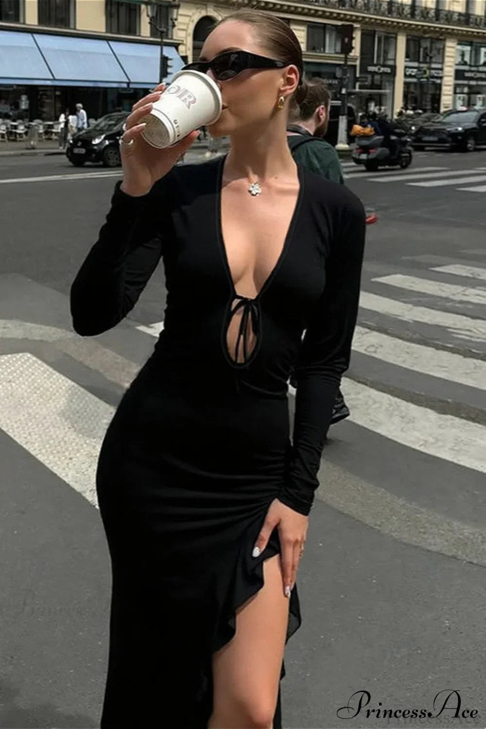 Sexy U Neck Tie Side Slit Long Sleeve Bodycon Maxi Dress