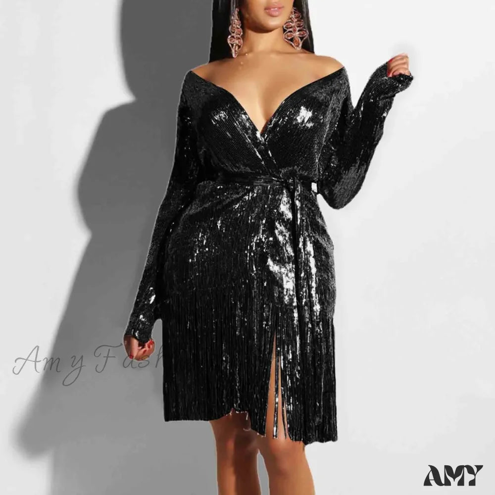 Sexy Vintage Elegant Black Maxi Sequined Summer Tassel Short-Sleeve Cocktail Party Vestidos Dress /