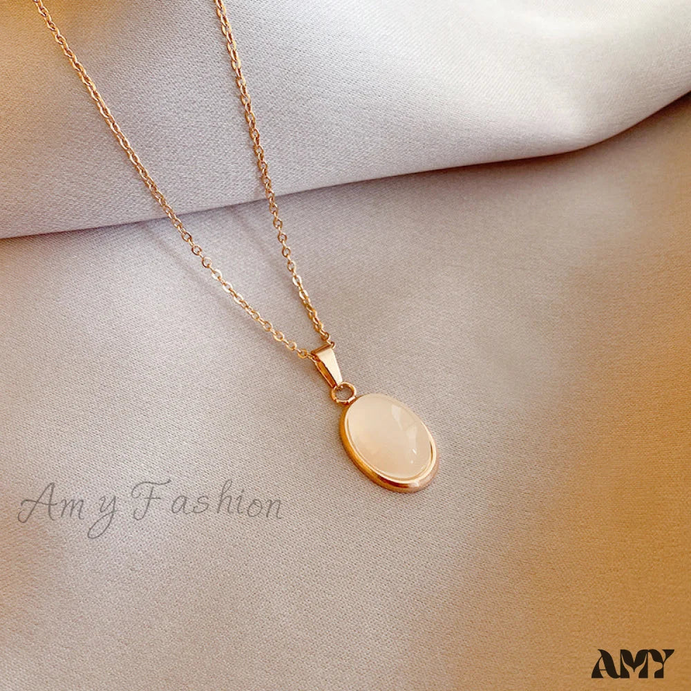 Simple Fashion Opal Stone 18K Gold Necklace Rose Gold + White