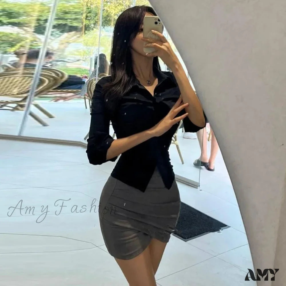 Single-Breasted Waist Tight Slim Long-Sleeve Sweet Blouse Black / One Size