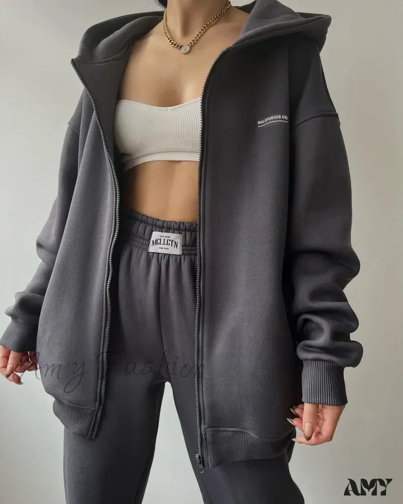Solid Color Autumn Sportswear Hooded Oversized Pullover Hoodie Dark Grey / S