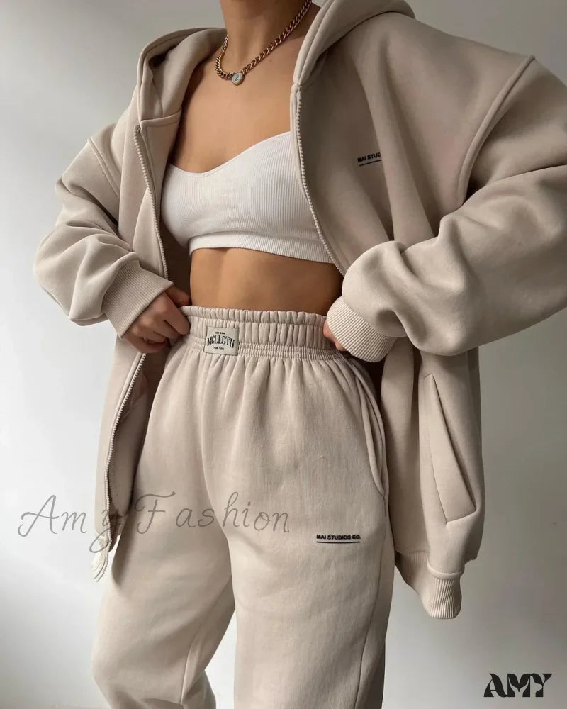 Solid Color Autumn Sportswear Hooded Oversized Pullover Hoodie Khaki / S