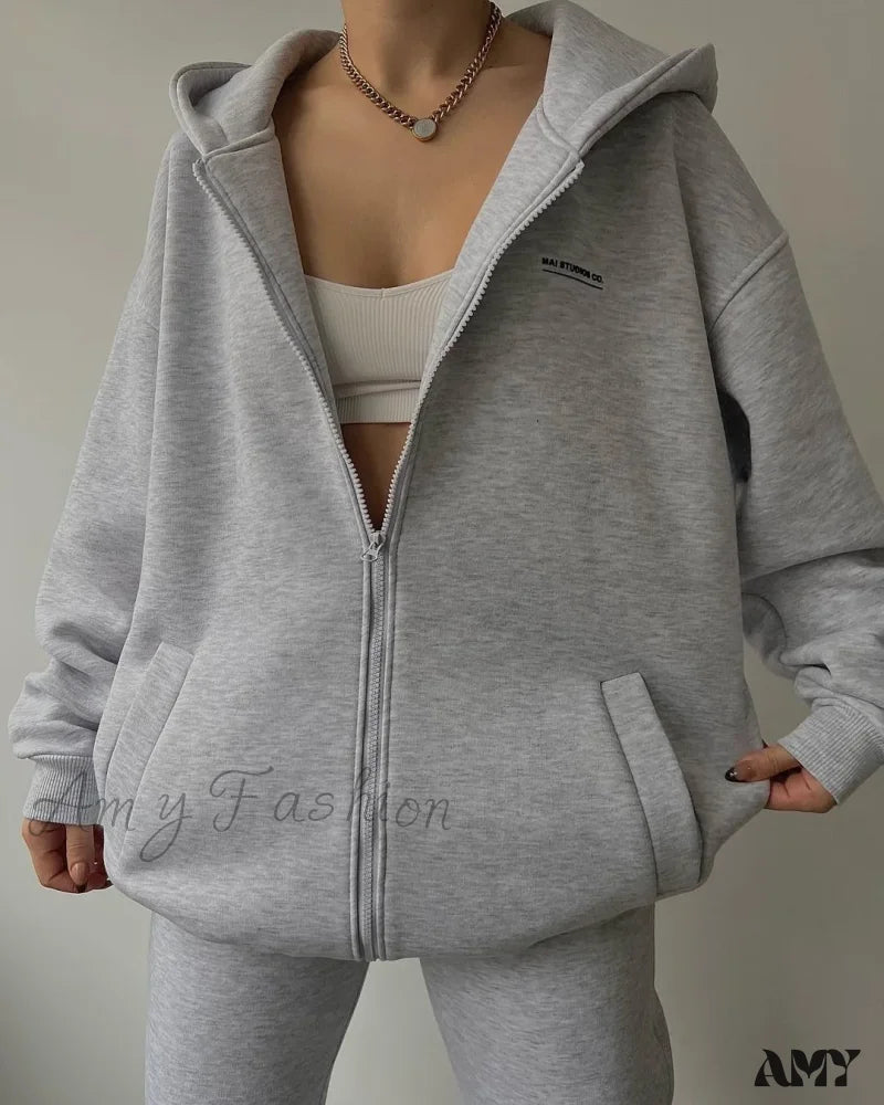 Solid Color Autumn Sportswear Hooded Oversized Pullover Hoodie Light Grey / S