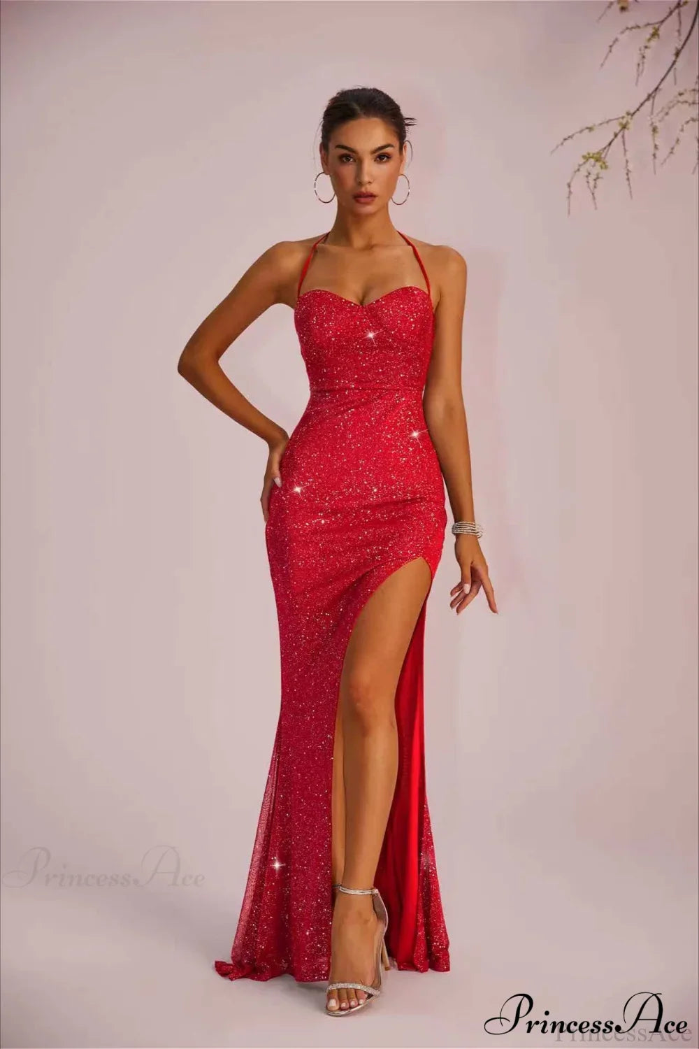 Solid Plunging Backless Slit Fitted Maxi Party Dress Red / S