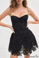 Strapless Lace Embroidery Sexy Party Dress Black / S