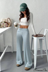 Striped Solid Knit Straight Leg Pants Blue / S