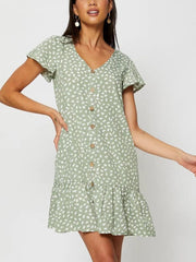 Einreihiges bedrucktes Kleid mit V-Ausschnitt 
