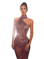 Romantisches Pailletten-Abendkleid mit Schlitz und Schleppe 