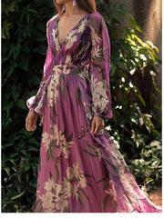 Bedrucktes Swingkleid mit V-Ausschnitt und langen Ärmeln 