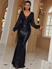 Hepburn-Abendkleid mit V-Ausschnitt, langen Ärmeln, elegantem Meerjungfrauenschnitt und Pailletten 