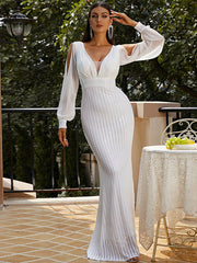 Hepburn-Abendkleid mit V-Ausschnitt, langen Ärmeln, elegantem Meerjungfrauenschnitt und Pailletten 