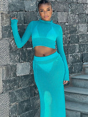Set aus blauem Langarm-Top mit Rundhalsausschnitt und schmal geschnittenem Rock 