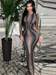 Bedrucktes, langärmeliges, figurbetontes Kleid mit Schlitz