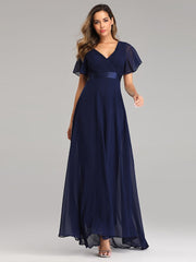 Großes, schwingendes Chiffon-Abendkleid mit V-Ausschnitt, ausgestellten Ärmeln und Party-Applikation für Brautjungfern 