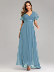Großes, schwingendes Chiffon-Abendkleid mit V-Ausschnitt, ausgestellten Ärmeln und Party-Applikation für Brautjungfern 