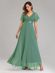 Großes, schwingendes Chiffon-Abendkleid mit V-Ausschnitt, ausgestellten Ärmeln und Party-Applikation für Brautjungfern 