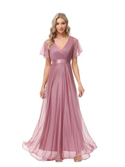Großes, schwingendes Chiffon-Abendkleid mit V-Ausschnitt, ausgestellten Ärmeln und Party-Applikation für Brautjungfern 