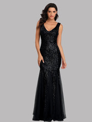 Paillettenbesetztes Meerjungfrauen-Abendkleid mit Mesh-Einsätzen, doppeltem V-Ausschnitt, ärmellos, glänzend, Brautjungfernkleid 