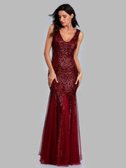 Paillettenbesetztes Meerjungfrauen-Abendkleid mit Mesh-Einsätzen, doppeltem V-Ausschnitt, ärmellos, glänzend, Brautjungfernkleid 
