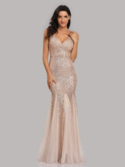 Paillettenbesetztes Meerjungfrauen-Abendkleid mit Mesh-Einsätzen, doppeltem V-Ausschnitt, ärmellos, glänzend, Brautjungfernkleid 
