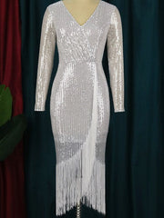 Paillettenbesetztes Cocktail- und Abendkleid mit hohem Stretch-Einsatz, Schlitz und Fransen 