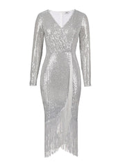 Paillettenbesetztes Cocktail- und Abendkleid mit hohem Stretch-Einsatz, Schlitz und Fransen 