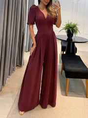 Eleganter, lässiger Jumpsuit mit V-Ausschnitt, Bindeband, hohem Bund, kurzen Ärmeln und weitem Bein 