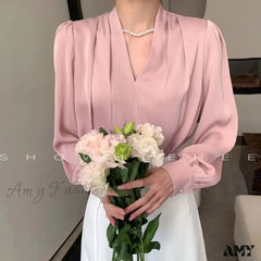 Temperament Pleated Solid Color V-Neck Femme Fashion Buttons Blouse