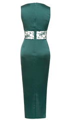 Türkisfarbenes Midikleid aus Spitze mit Oberschenkelschlitz